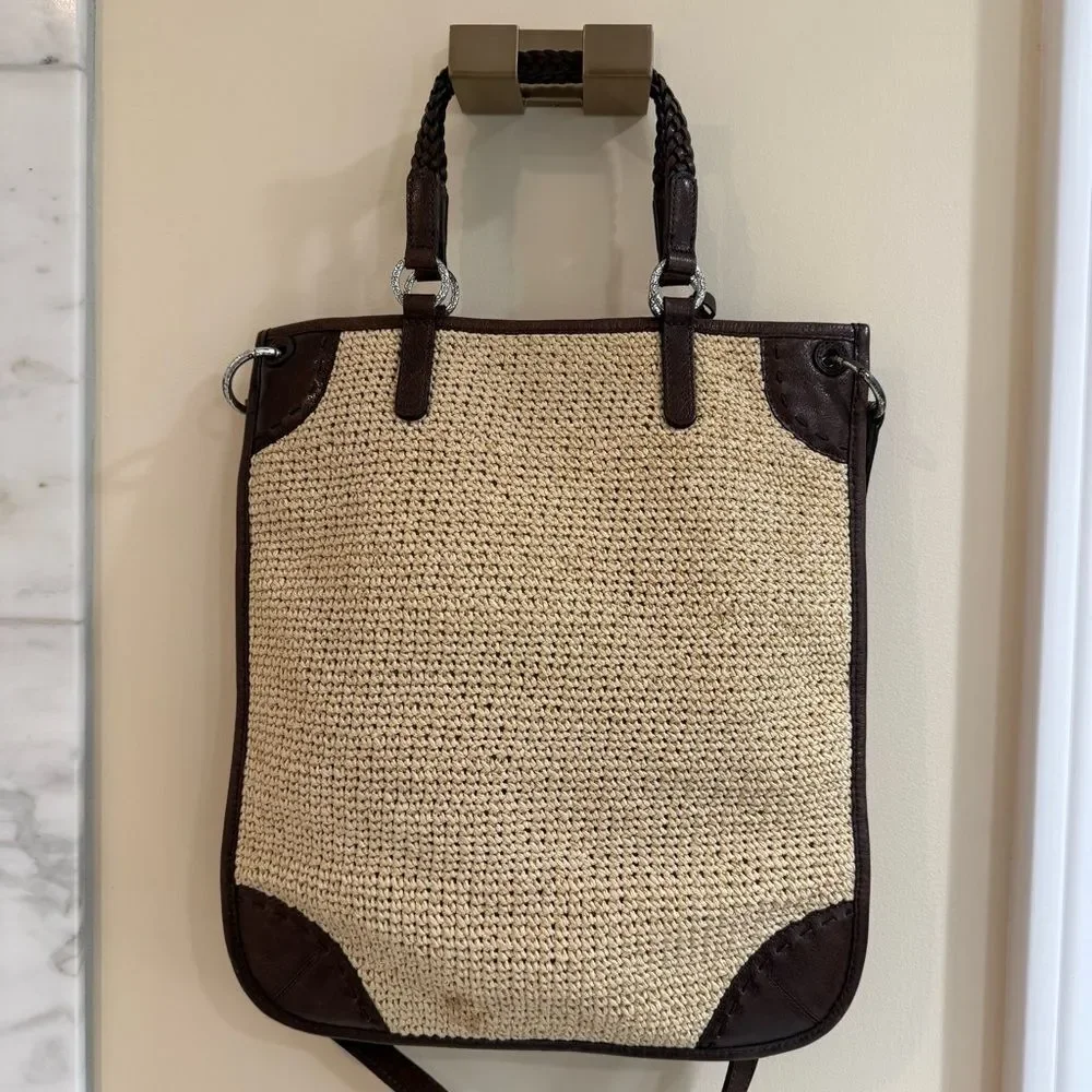 Brighton Brown and Tan Woven Tote with Peace Sign